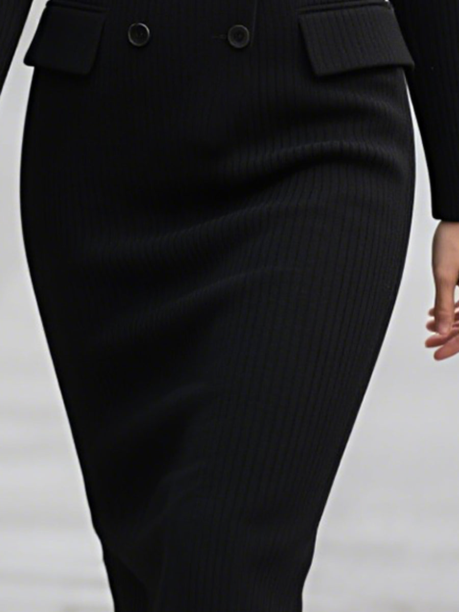 Double-Breasted Ribbed Knit Blazer Dress In Black