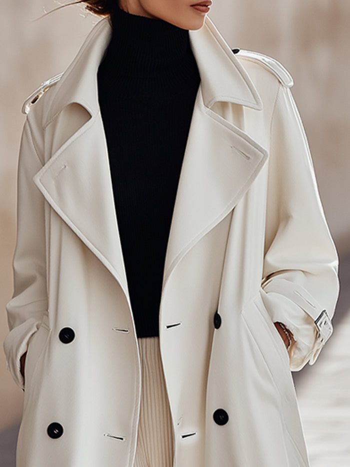 Ivory Double-Breasted Long Trench Coat