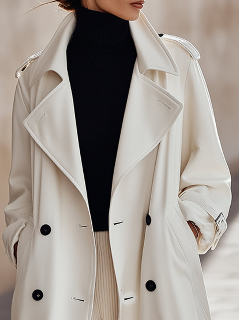 Ivory Double-Breasted Long Trench Coat
