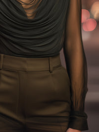 Sheer Draped Mesh High-Neck Evening Top