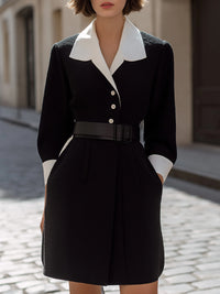 Black Textured Belted Dress With Contrast Collar