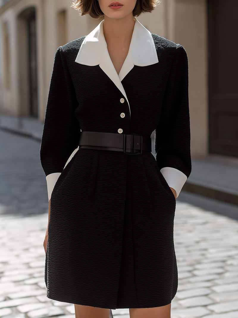 Black Textured Belted Dress With Contrast Collar