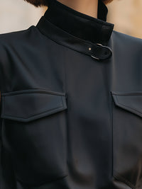 Black Sleeveless High-Neck Utility Blouse With Buckle Detail