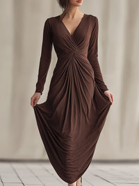 Mocha Draped Long-Sleeve Maxi Dress