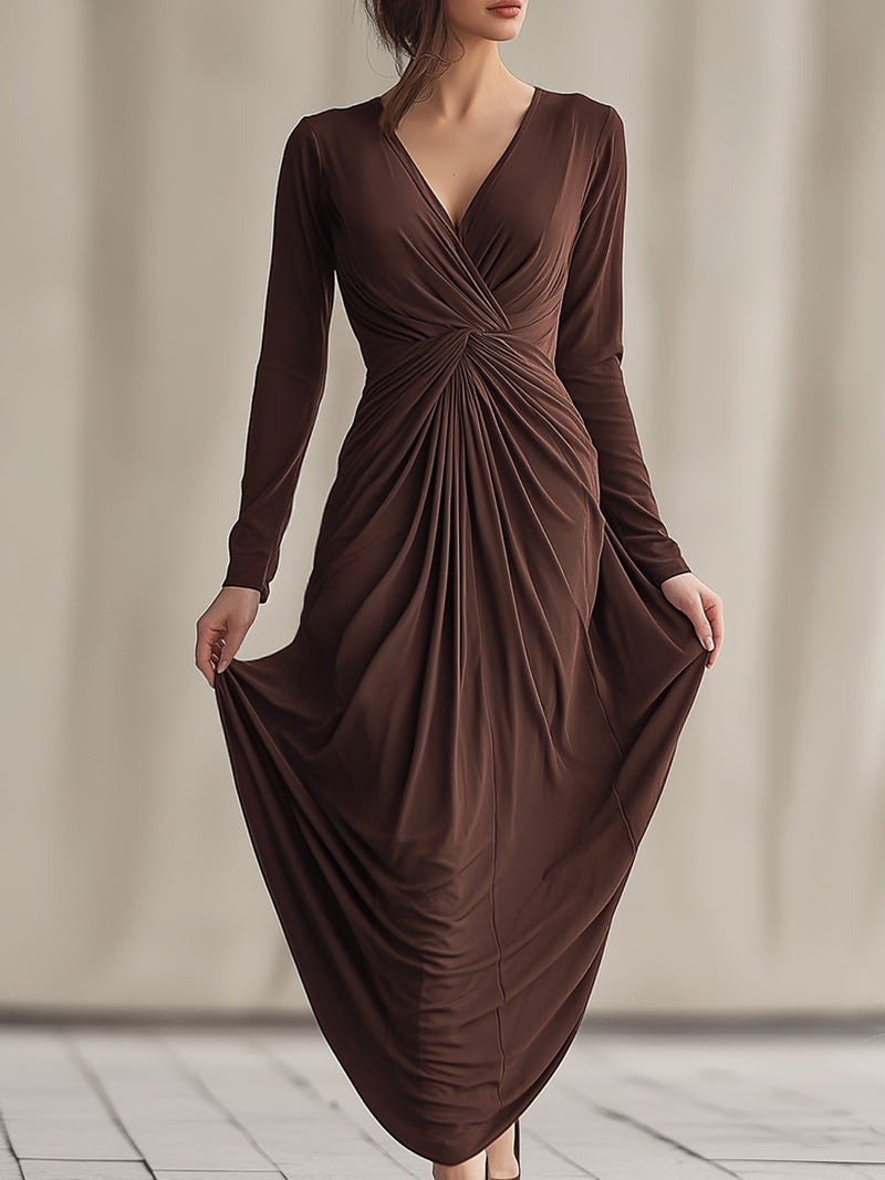 Mocha Draped Long-Sleeve Maxi Dress