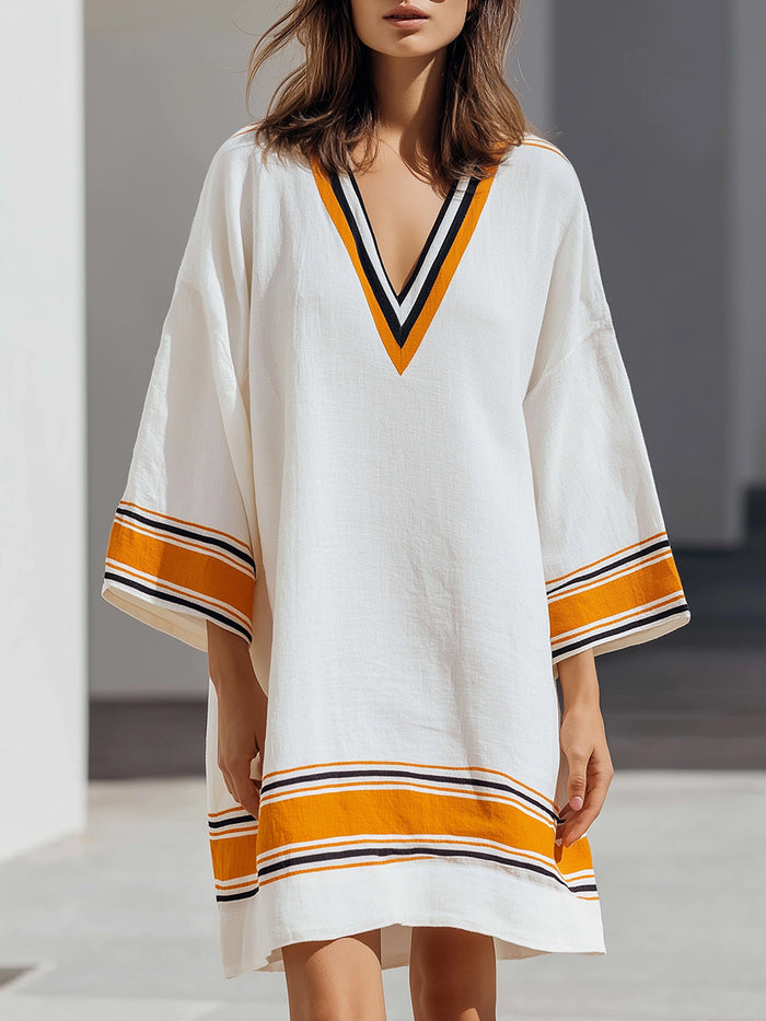Contrast-Trim V-Neck Kaftan Mini Dress