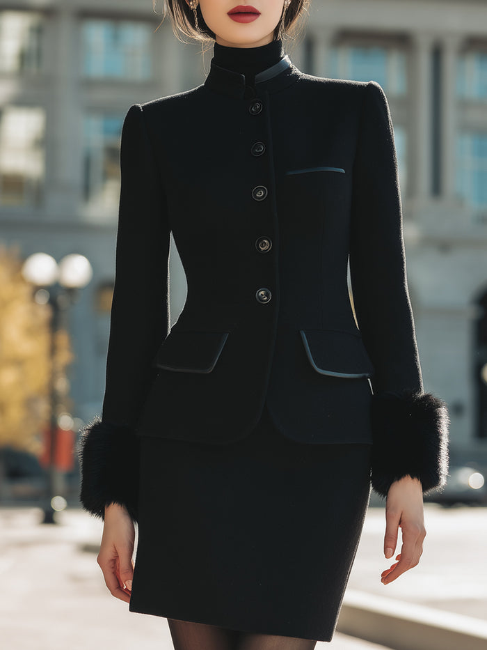 Wool Blend Blazer And Skirt Set With Faux Fur Cuffs