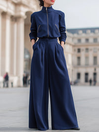 Navy High-Neck Zip Jacket And Wide-Leg Trouser Set
