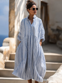 Relaxed Striped Split-Neck Midi Dress