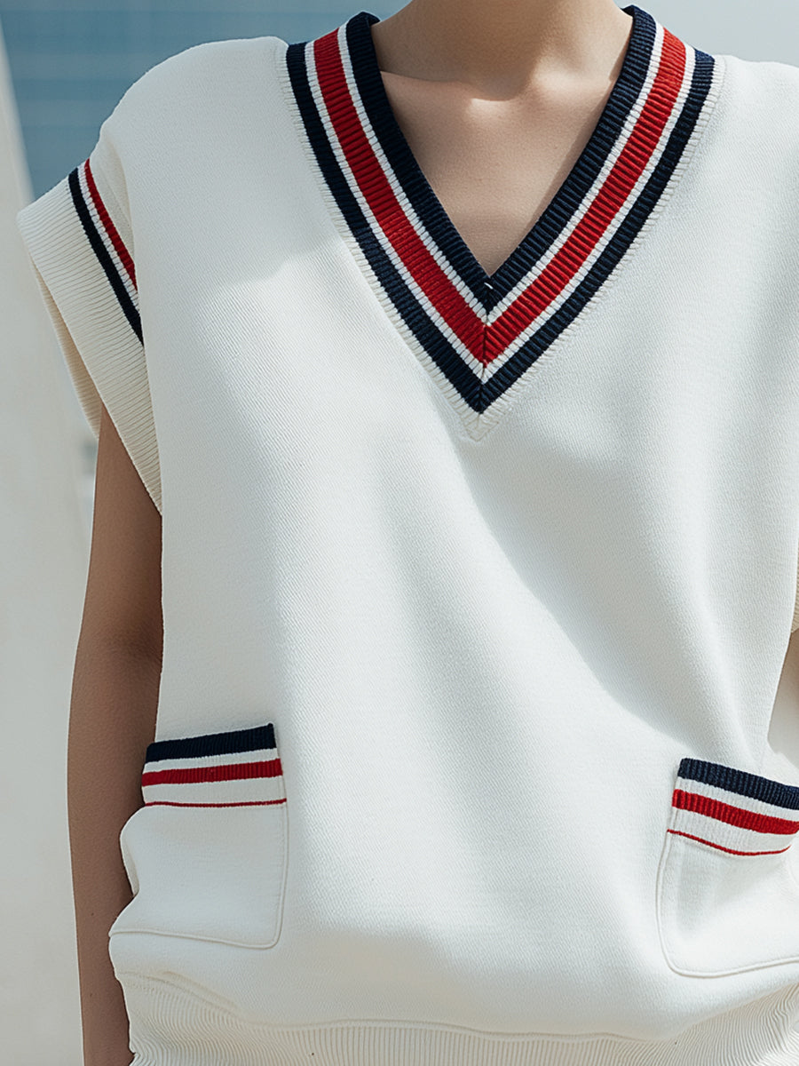 V-Neck Knit Vest With Tricolor Stripe Details