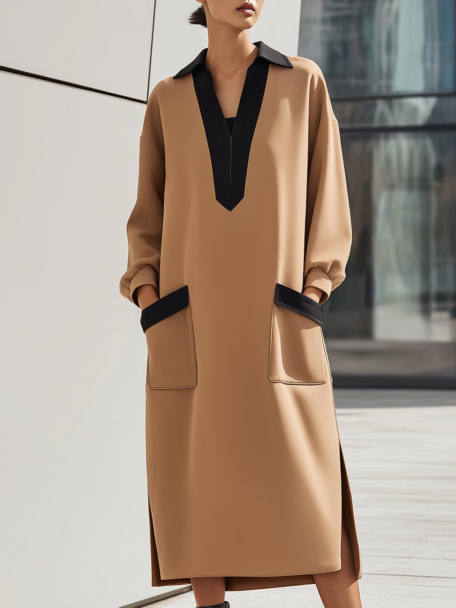 Camel Contrast-Collar Minimalist Shift Dress