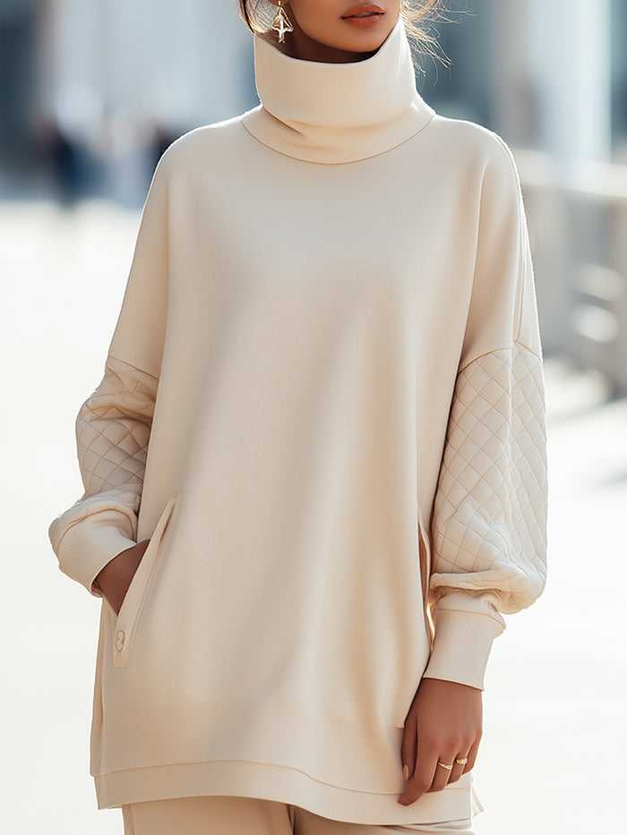 Quilted Sleeve High-Neck Relaxed Sweatshirt
