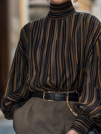 High-Neck Striped Lantern Sleeve Blouse