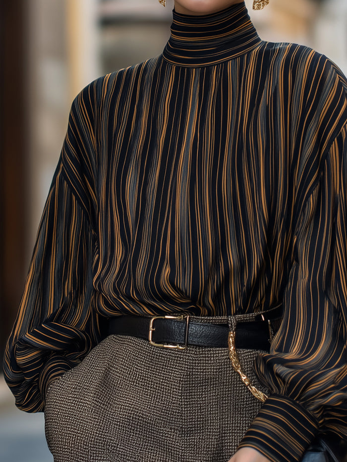 High-Neck Striped Lantern Sleeve Blouse