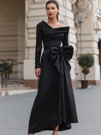 Asymmetrical Off-Shoulder Dress With Sequin Lace And Satin Bow