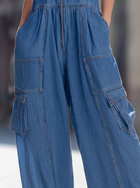 Zip-Front Denim Cargo Wide-Leg Jumpsuit
