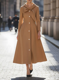 Camel Midi Coat Dress With Oversized Bow Collar