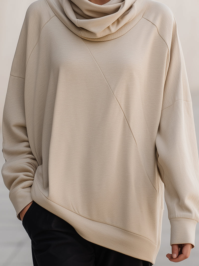 Beige Draped Cowl-Neck Sweatshirt