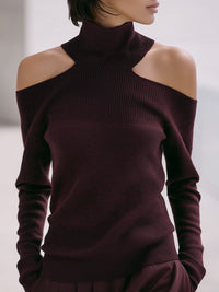 Burgundy Cold-Shoulder Ribbed Turtleneck Knit Sweater