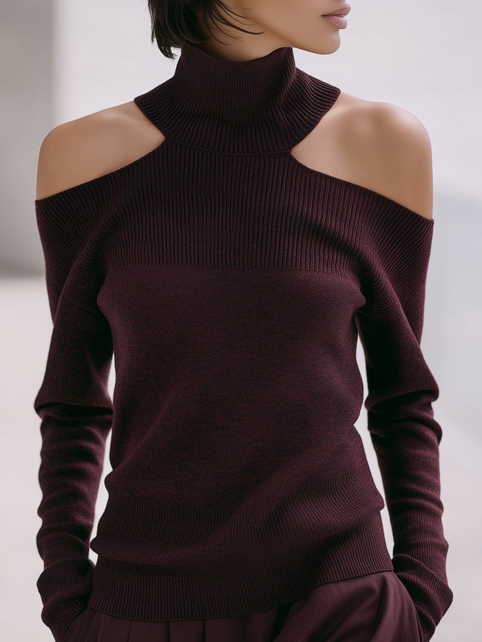 Burgundy Cold-Shoulder Ribbed Turtleneck Knit Sweater