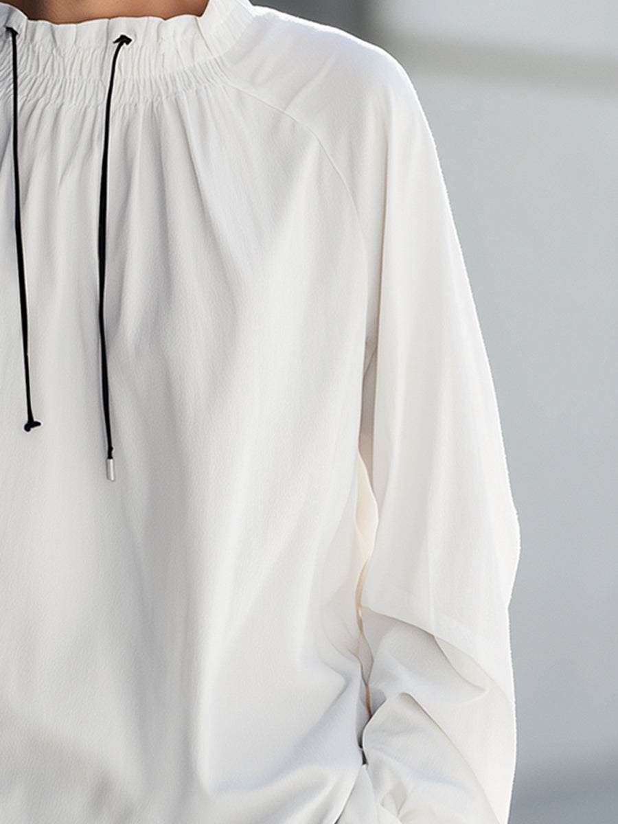 Relaxed Drawstring Collar Long-Sleeve Blouse