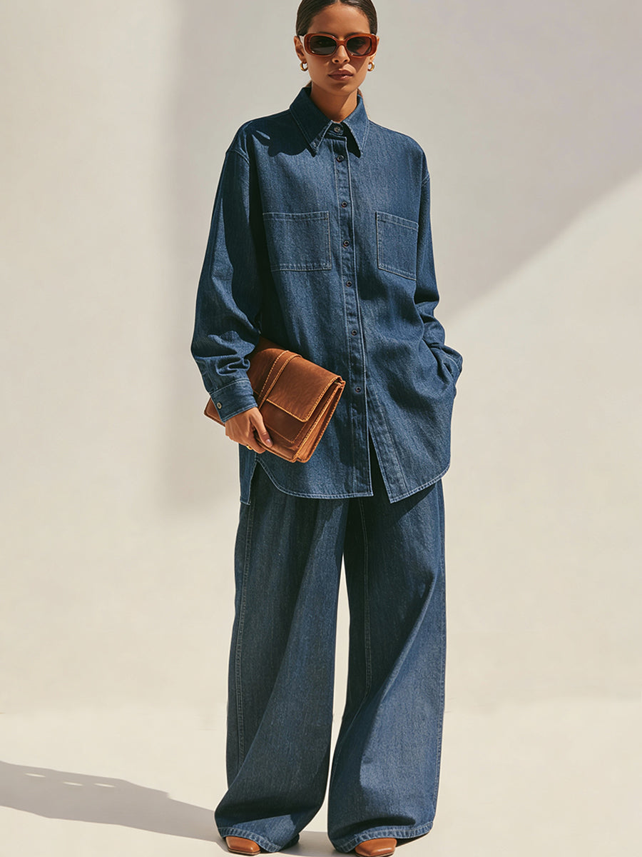 Oversized Denim Shirt And Wide-Leg Pants Set