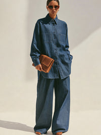 Oversized Denim Shirt And Wide-Leg Pants Set
