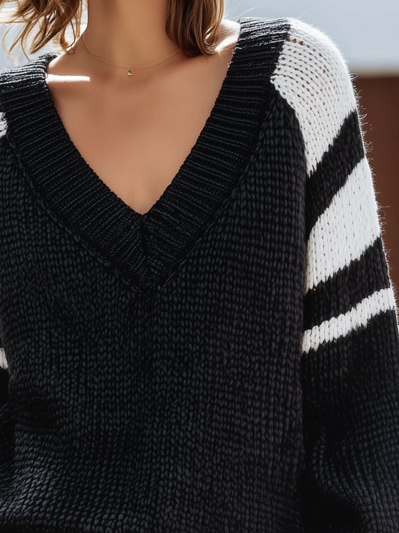 Contrast-Stripe Chunky Knit V-Neck Sweater