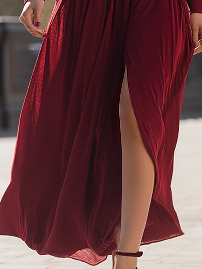 Bordeaux Pleated Cutout Maxi Dress