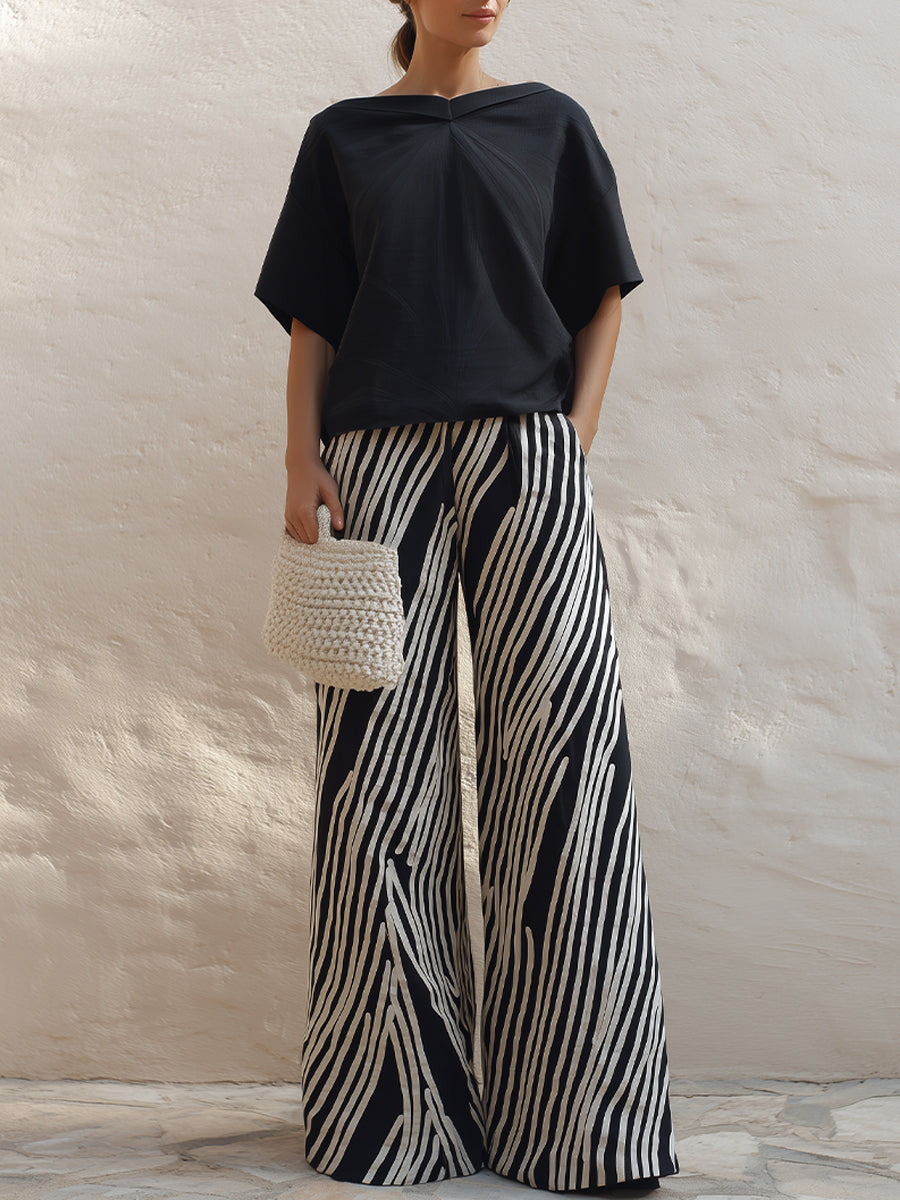 Draped Short Sleeve Top & Printed Wide-Leg Pants Set