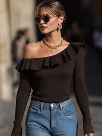 Off-Shoulder Ruffled Brown Knit Top