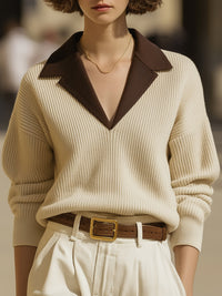 Contrast Collar Ribbed Knit Sweater In Beige