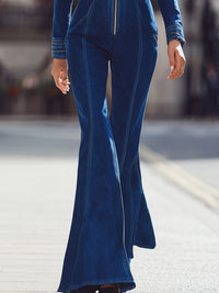 Tailored Denim Zip-Up Jumpsuit with Flared Legs