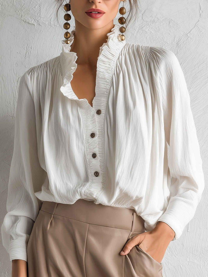Ruffled Collar Pleated Button-Front Blouse