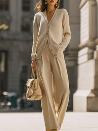 Beige Ribbed Knit Cardigan And Wide-Leg Pants Set