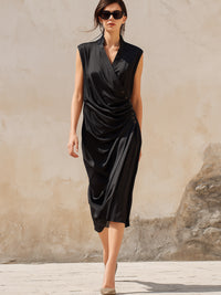Elegant Asymmetrical Ruched Sleeveless Midi Dress With Button Detail