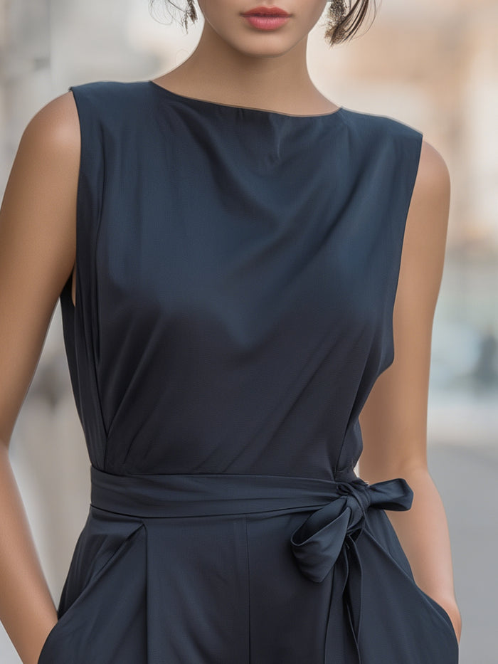 Sleeveless Tie-Waist Tailored Short Jumpsuit