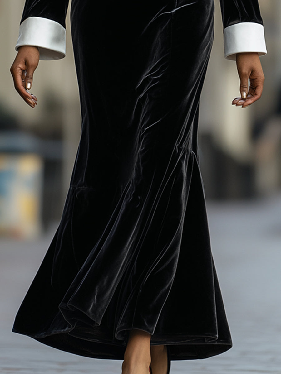 Velvet Long-Sleeve Maxi Dress With Contrast Cuffs