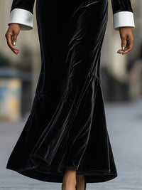 Velvet Long-Sleeve Maxi Dress With Contrast Cuffs