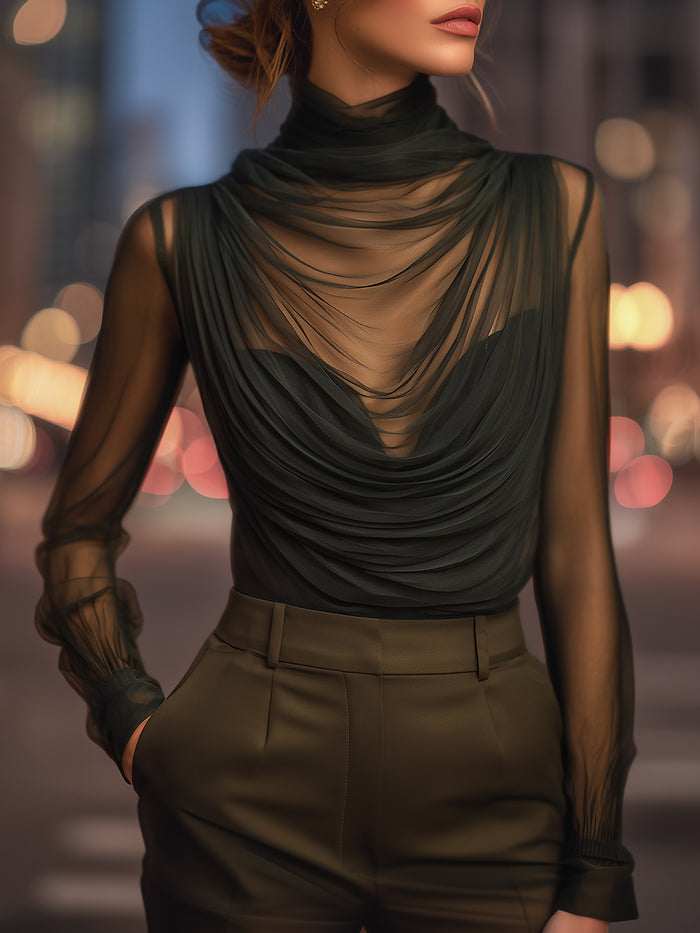 Sheer Draped Mesh High-Neck Evening Top
