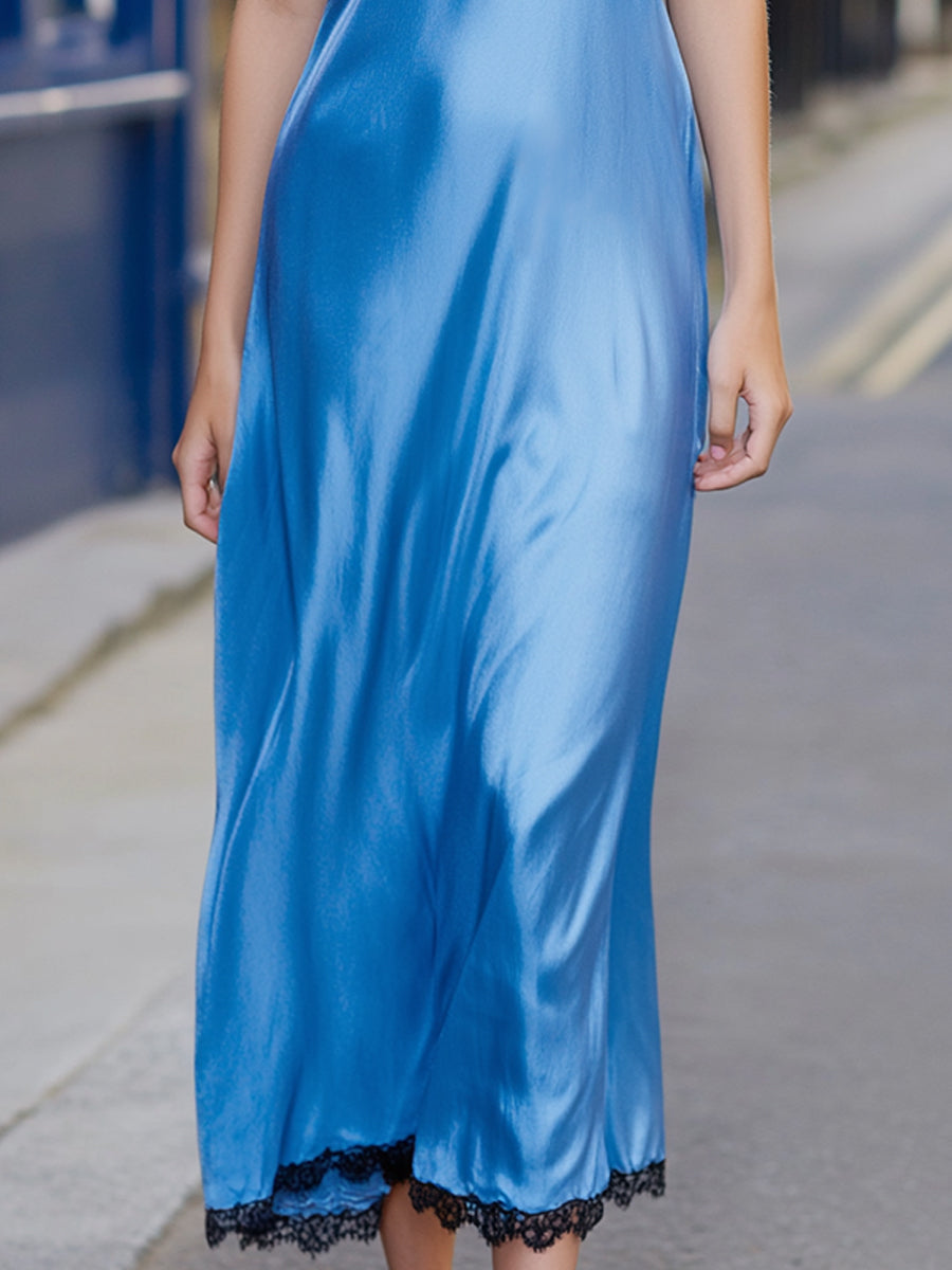 Lace-Trim Satin Slip Dress In Blue