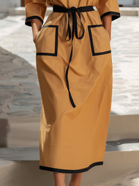 Camel Midi Dress With Black Contrast Trim And Drawstring Waist