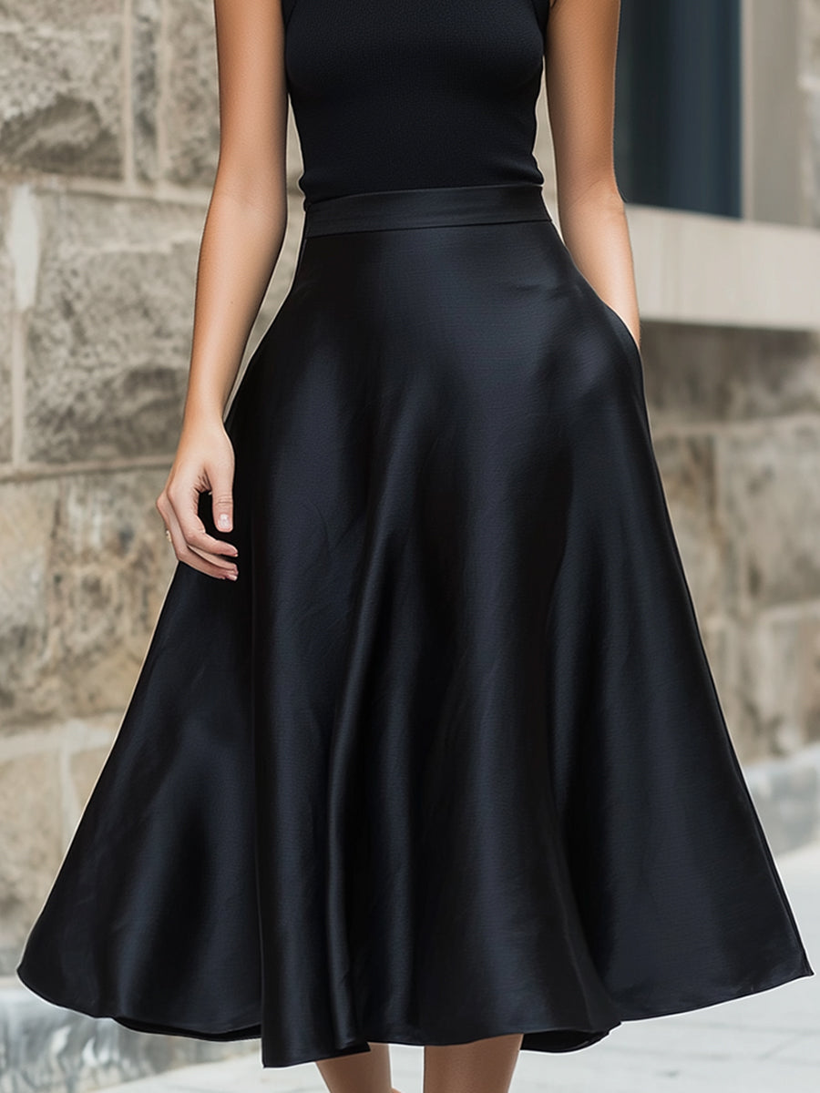 Mock Neck Sleeveless Knit Top & Flared Midi Skirt Two-Piece Set