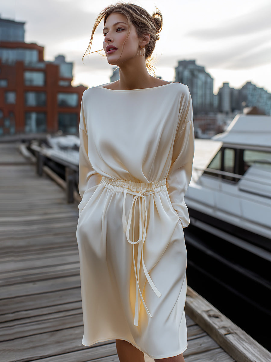 Ivory Satin Drawstring Dress With Long Sleeves