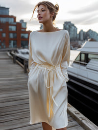 Ivory Satin Drawstring Dress With Long Sleeves