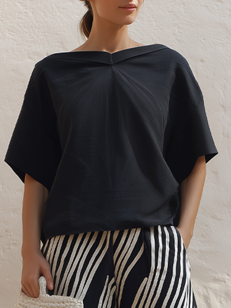 Draped Short Sleeve Top & Printed Wide-Leg Pants Set