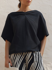 Draped Short Sleeve Top & Printed Wide-Leg Pants Set