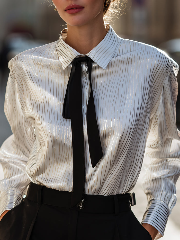 Metallic Pinstripe Satin Blouse With Black Ribbon Tie