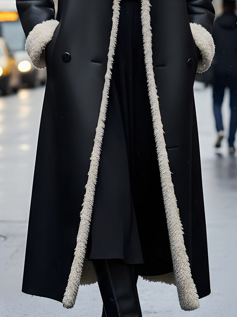 Black Faux-Leather Long Coat With Shearling Trim