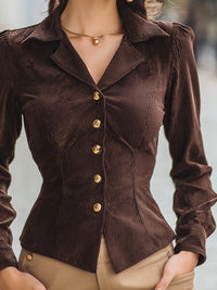 Brown Corduroy Button-Down Shirt With Gold Accents